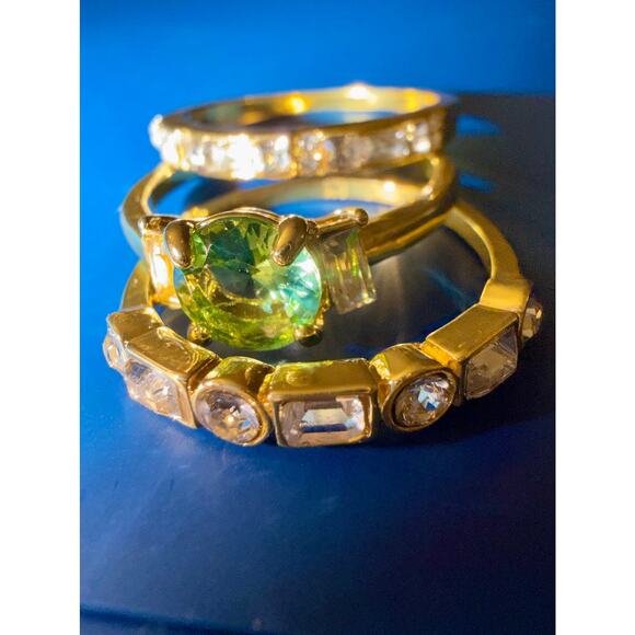 3set gold-plated rings light green solitaire Size 8 two clear bands CZ stones - Picture 2 of 5